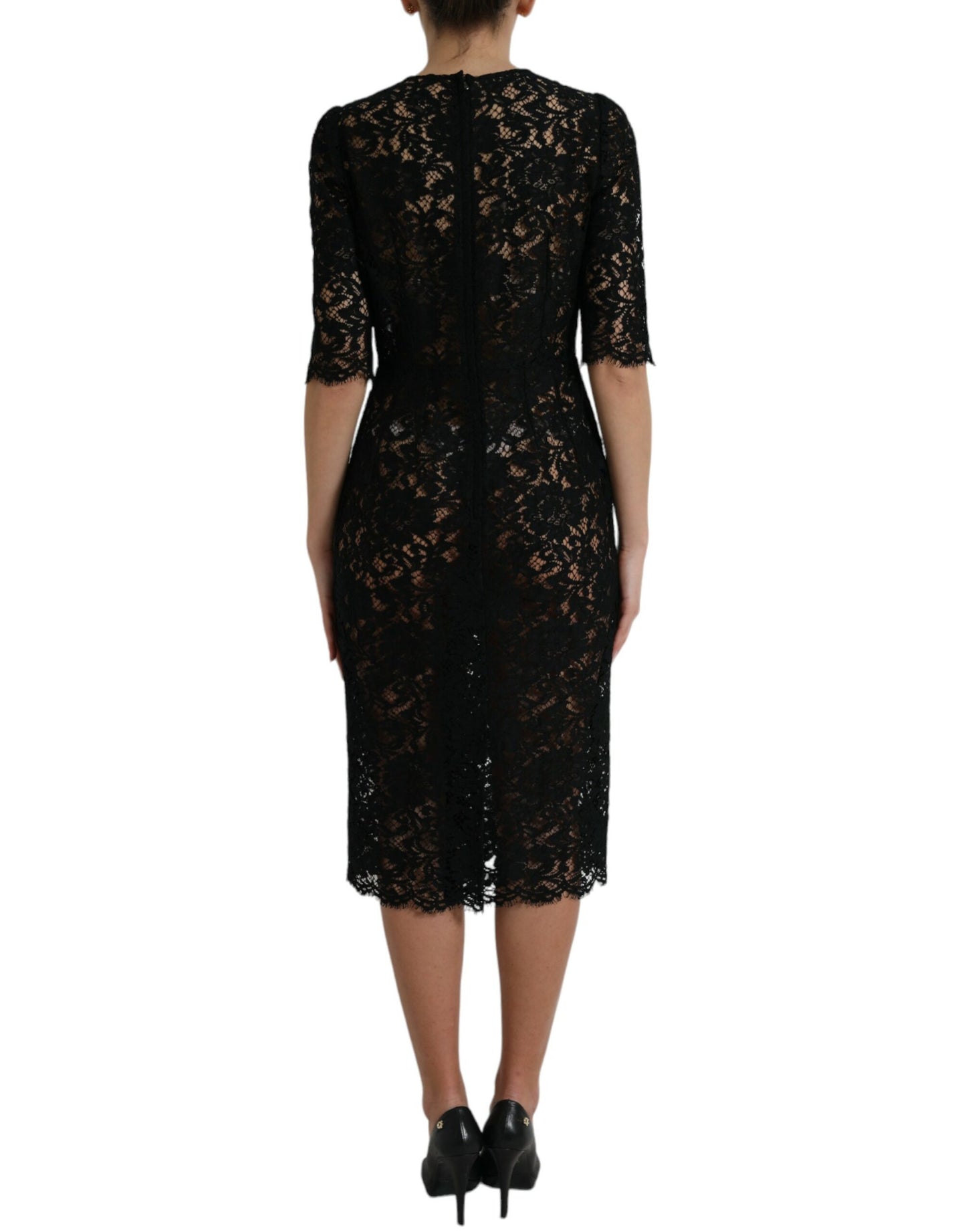 Elegant Black Floral Lace Midi Dress