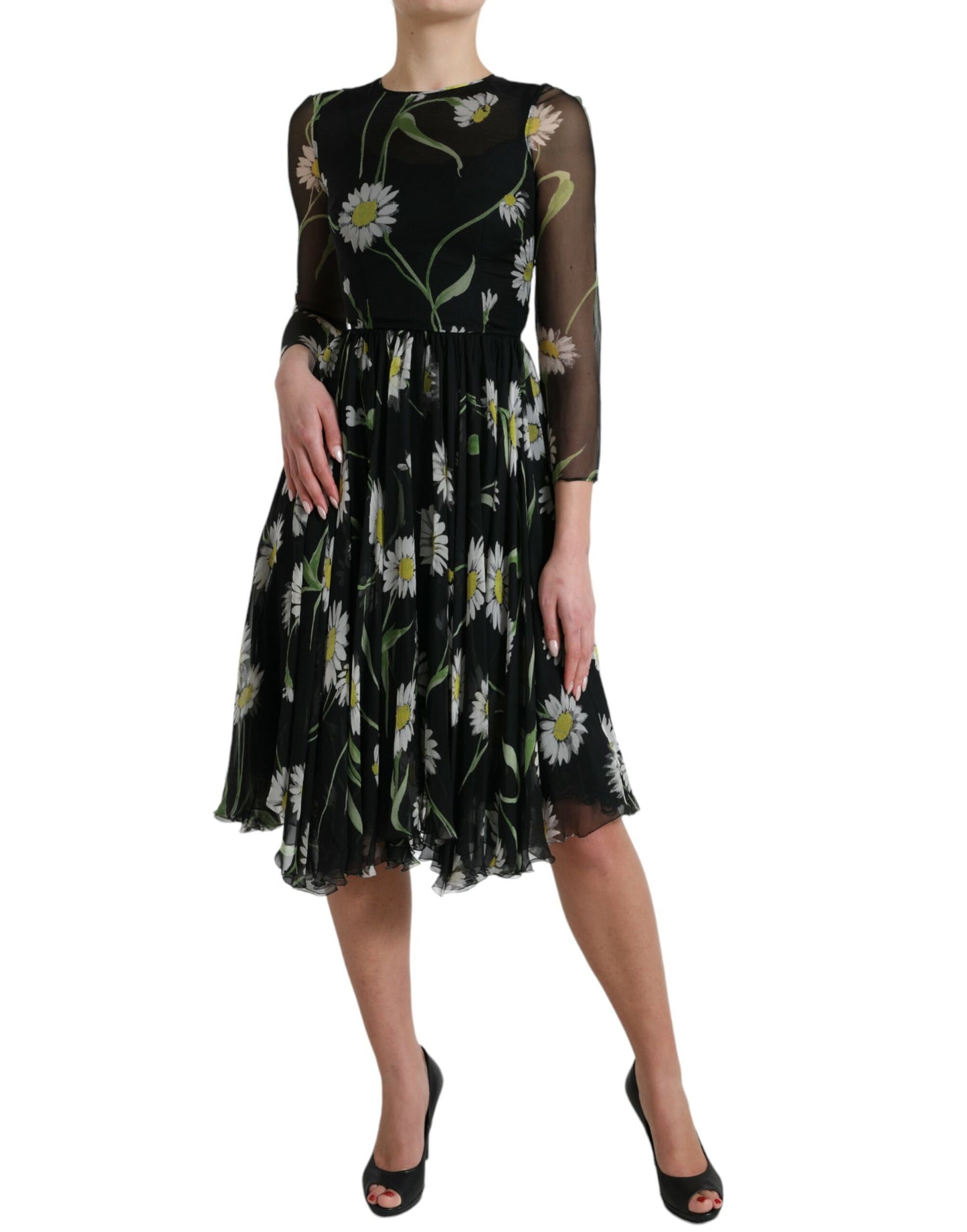 Elegant Floral Sheer A-Line Silk Dress
