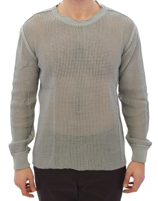 Elegant Gray Netted Crew-Neck Sweater