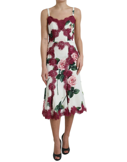 Elegant White Lace Silk Floral A-line Dress
