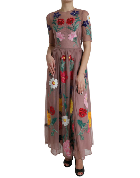 Elegant Rose Gold Maxi Dress with Floral Embroidery