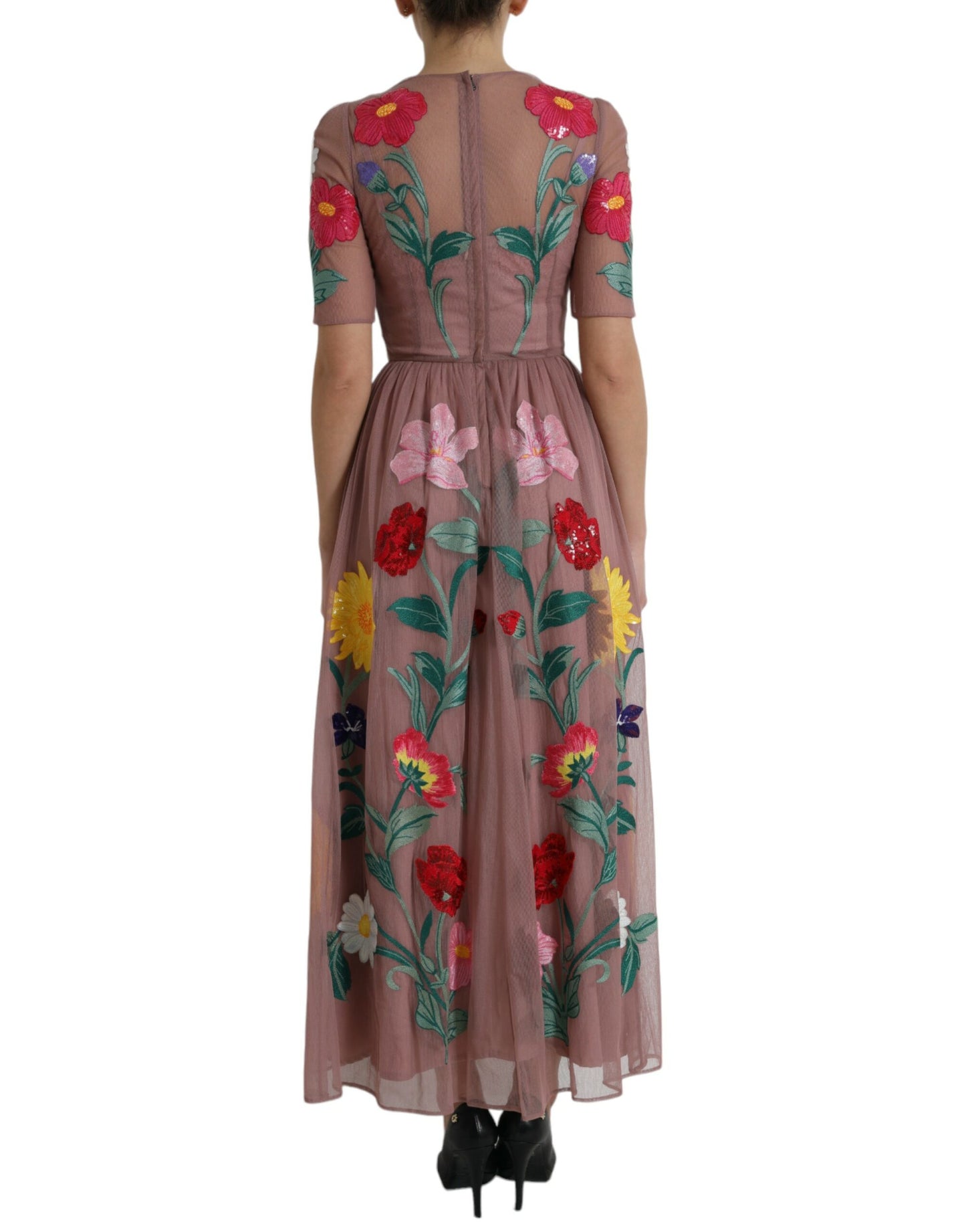 Elegant Rose Gold Maxi Dress with Floral Embroidery