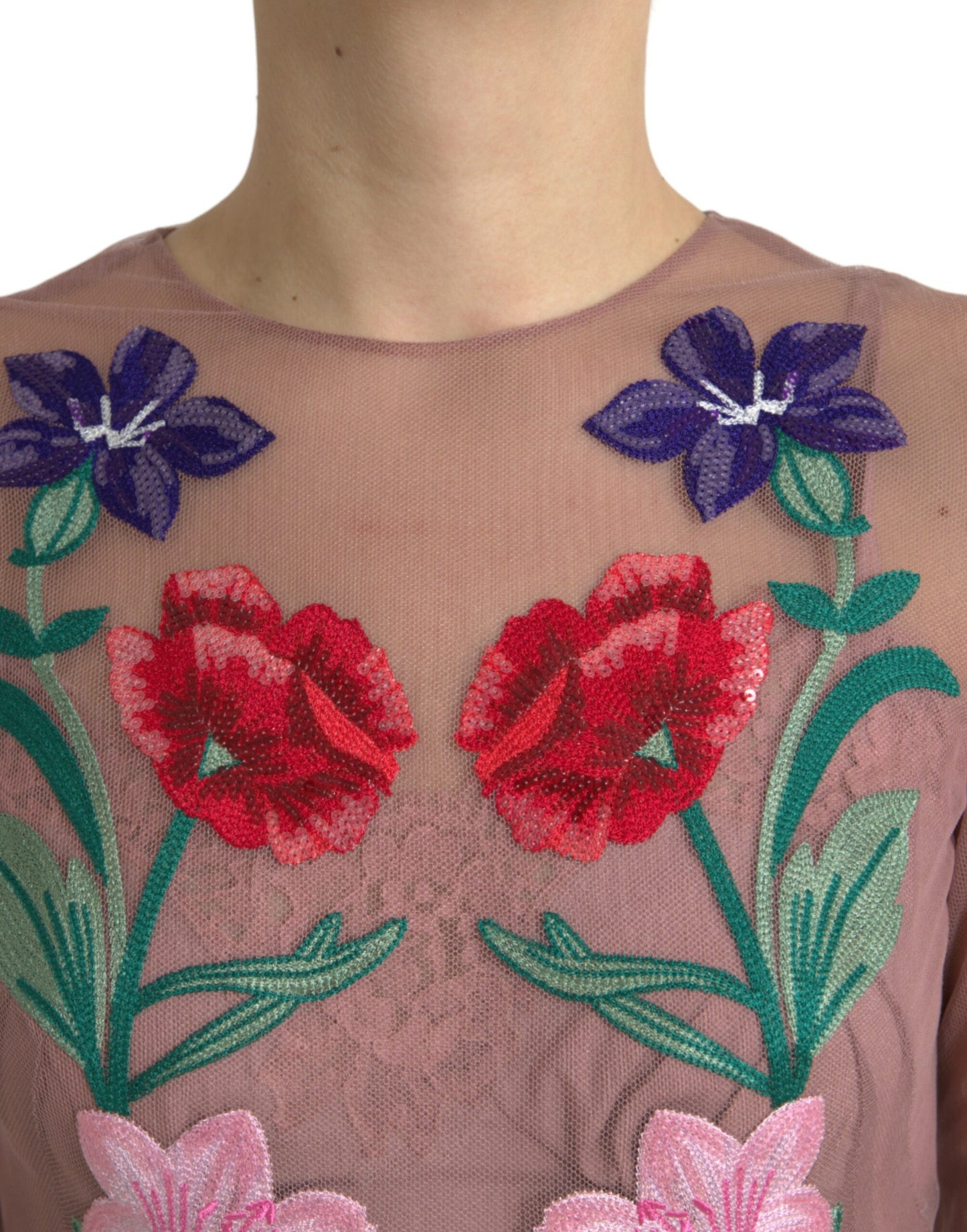Elegant Rose Gold Maxi Dress with Floral Embroidery