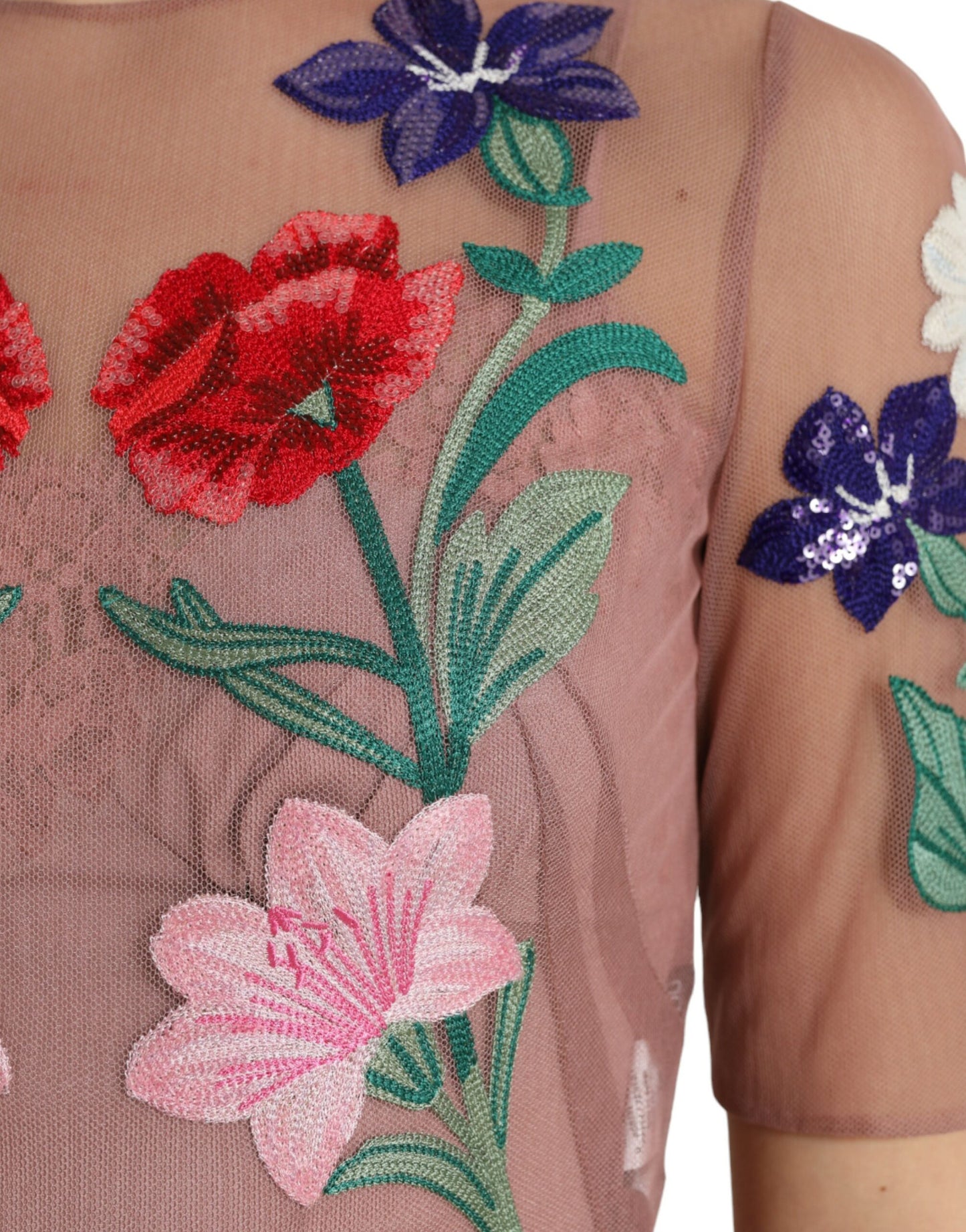 Elegant Rose Gold Maxi Dress with Floral Embroidery