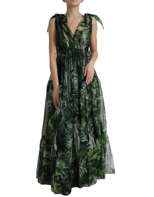 Elegant Green Silk Maxi Dress with Flocked Leaf Detail