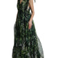Elegant Green Silk Maxi Dress with Flocked Leaf Detail