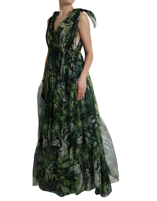 Elegant Green Silk Maxi Dress with Flocked Leaf Detail