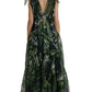 Elegant Green Silk Maxi Dress with Flocked Leaf Detail