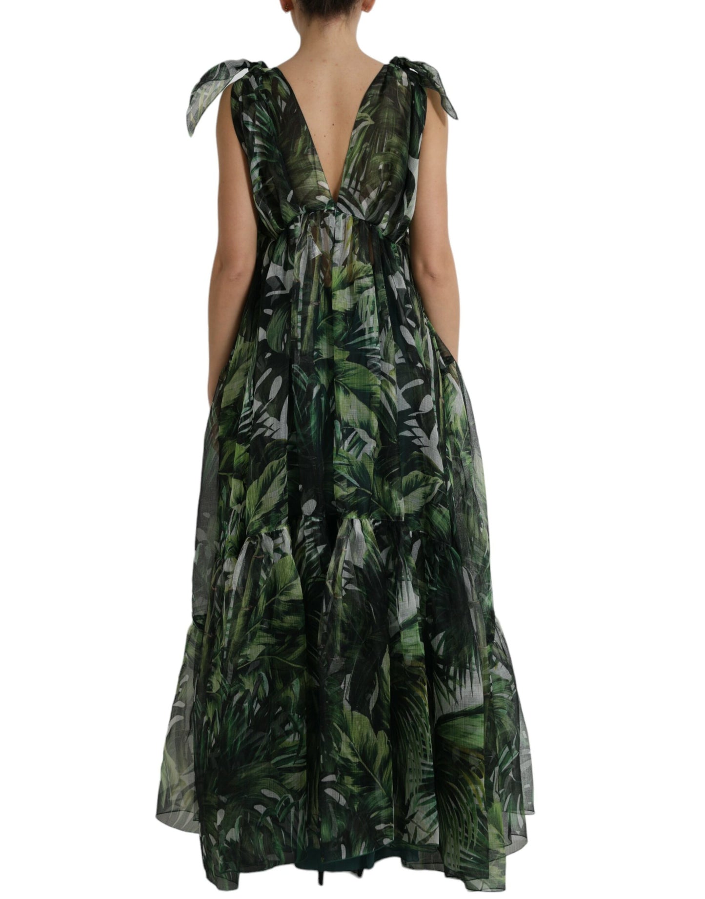 Elegant Green Silk Maxi Dress with Flocked Leaf Detail
