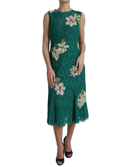 Elegant Lace Midi Dress with Floral Appliques
