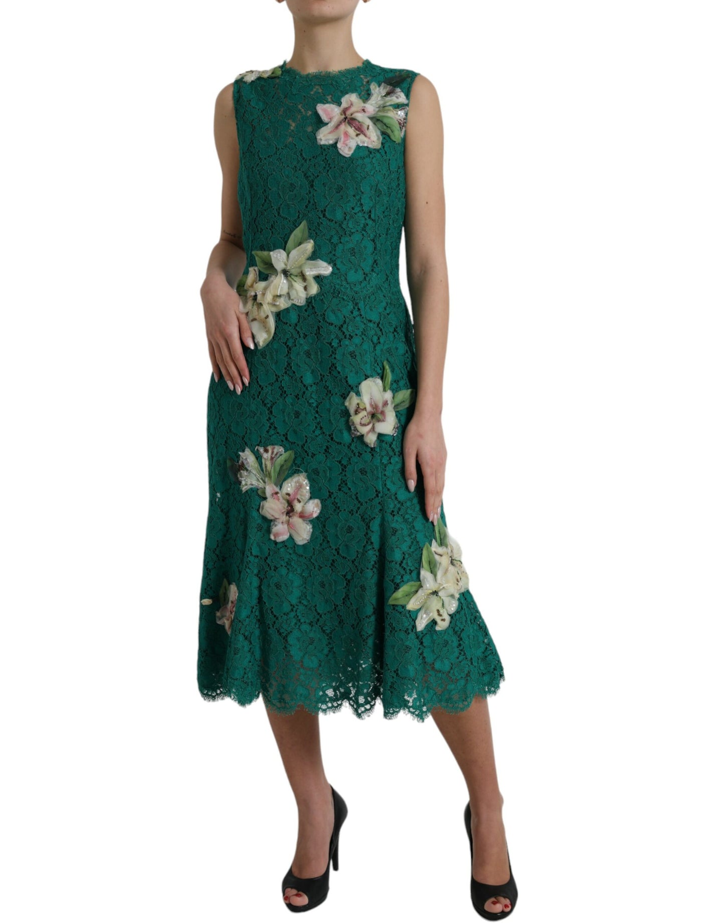 Elegant Lace Midi Dress with Floral Appliques