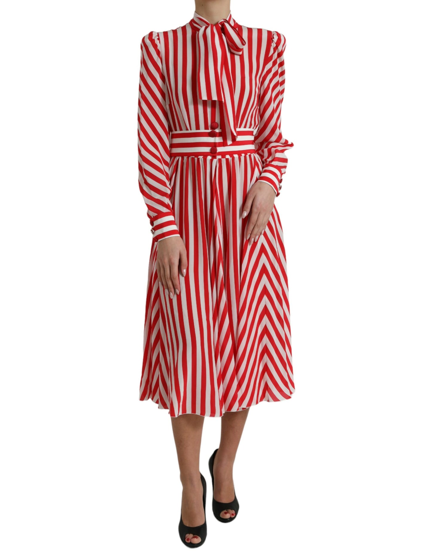 Elegant Striped Silk Maxi Dress with Ascot Collar