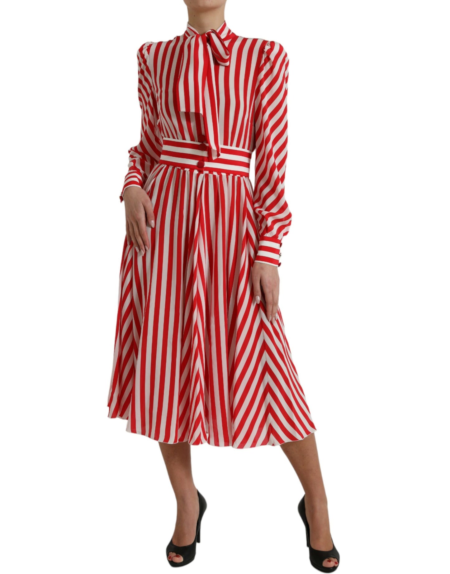 Elegant Striped Silk Maxi Dress with Ascot Collar