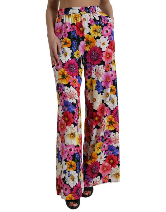 Elegant Floral Silk-Blend High Waist Pants