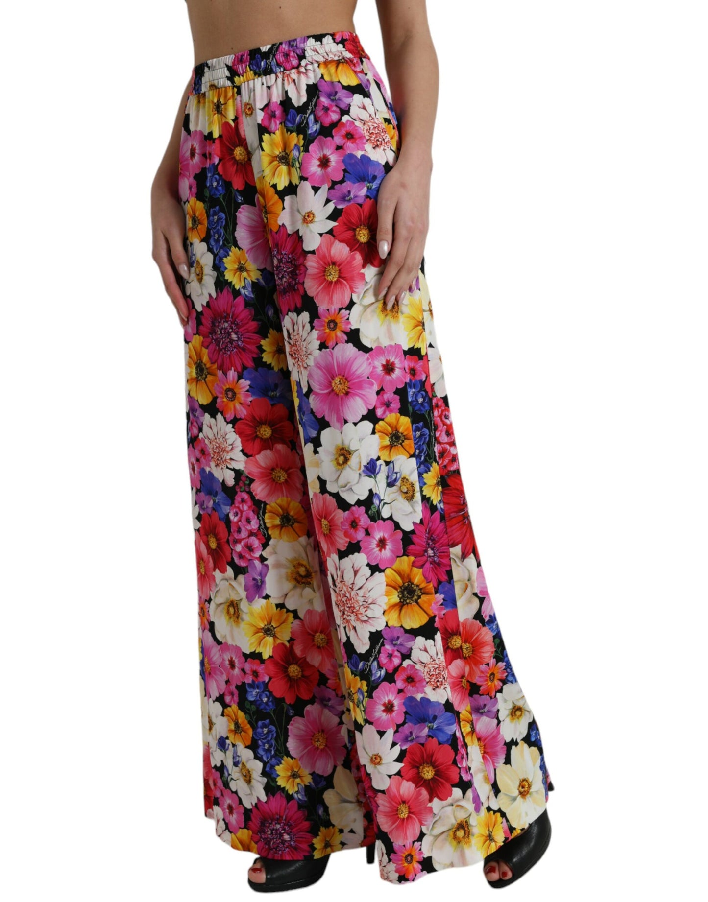 Elegant Floral Silk-Blend High Waist Pants