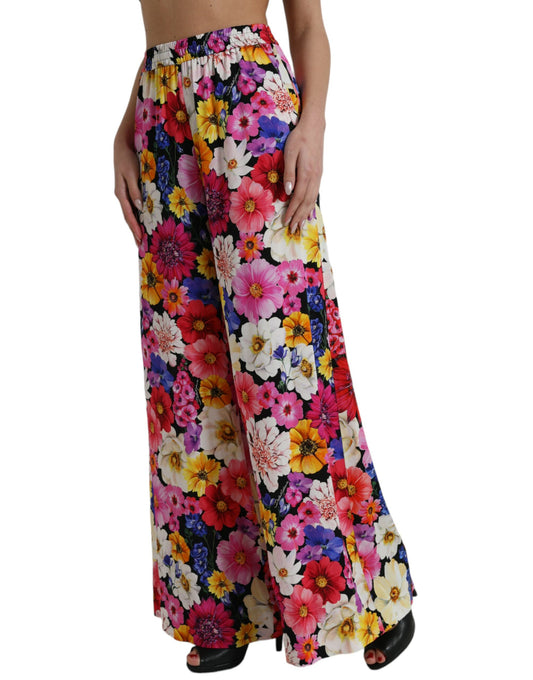 Elegant Floral Silk-Blend High Waist Pants