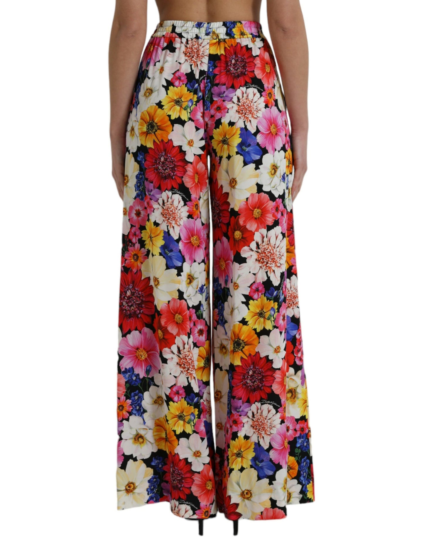 Elegant Floral Silk-Blend High Waist Pants