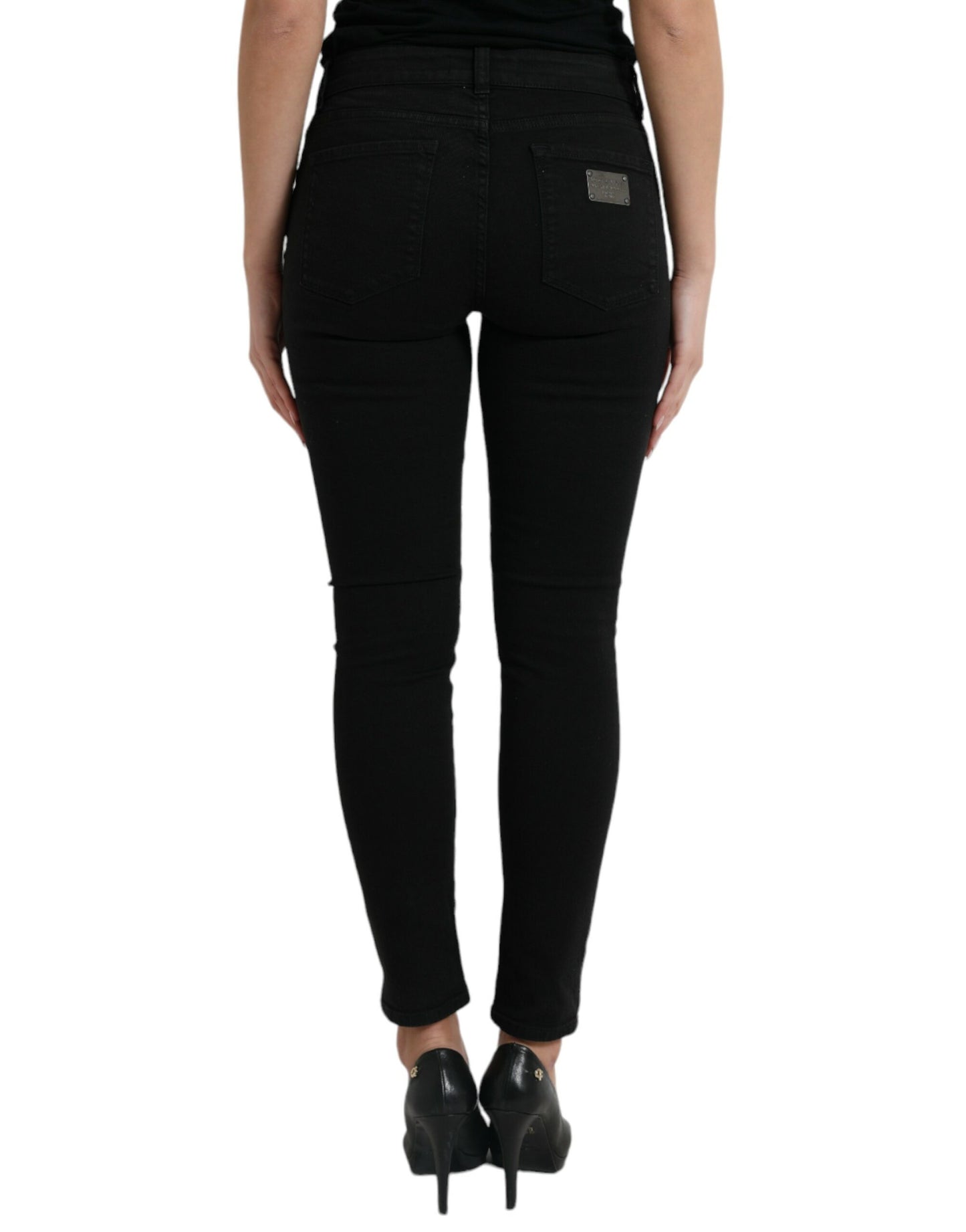 Elegant Black Mid Waist Stretch Jeans