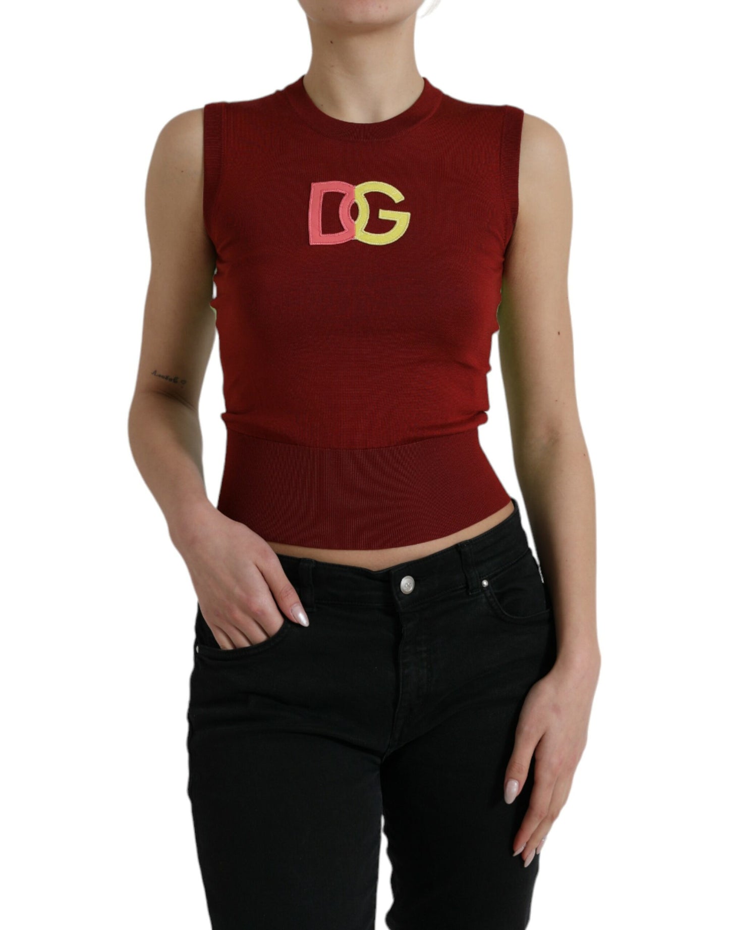 Elegant Silk Crew Neck Tank Top with Logo Patch