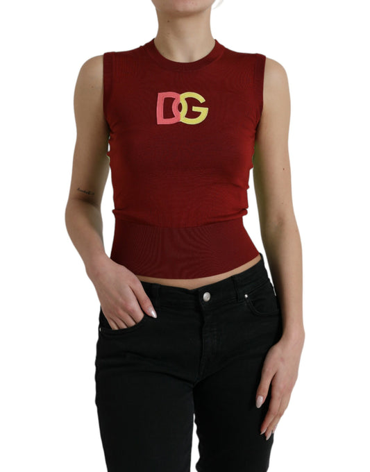Elegant Silk Crew Neck Tank Top with Logo Patch