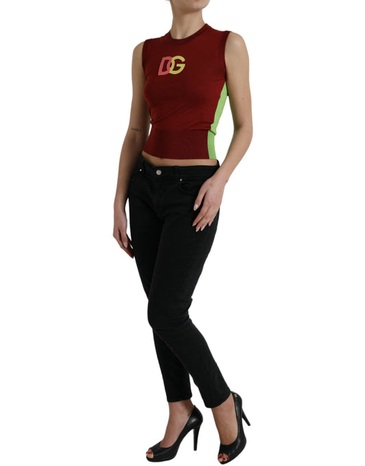 Elegant Silk Crew Neck Tank Top with Logo Patch