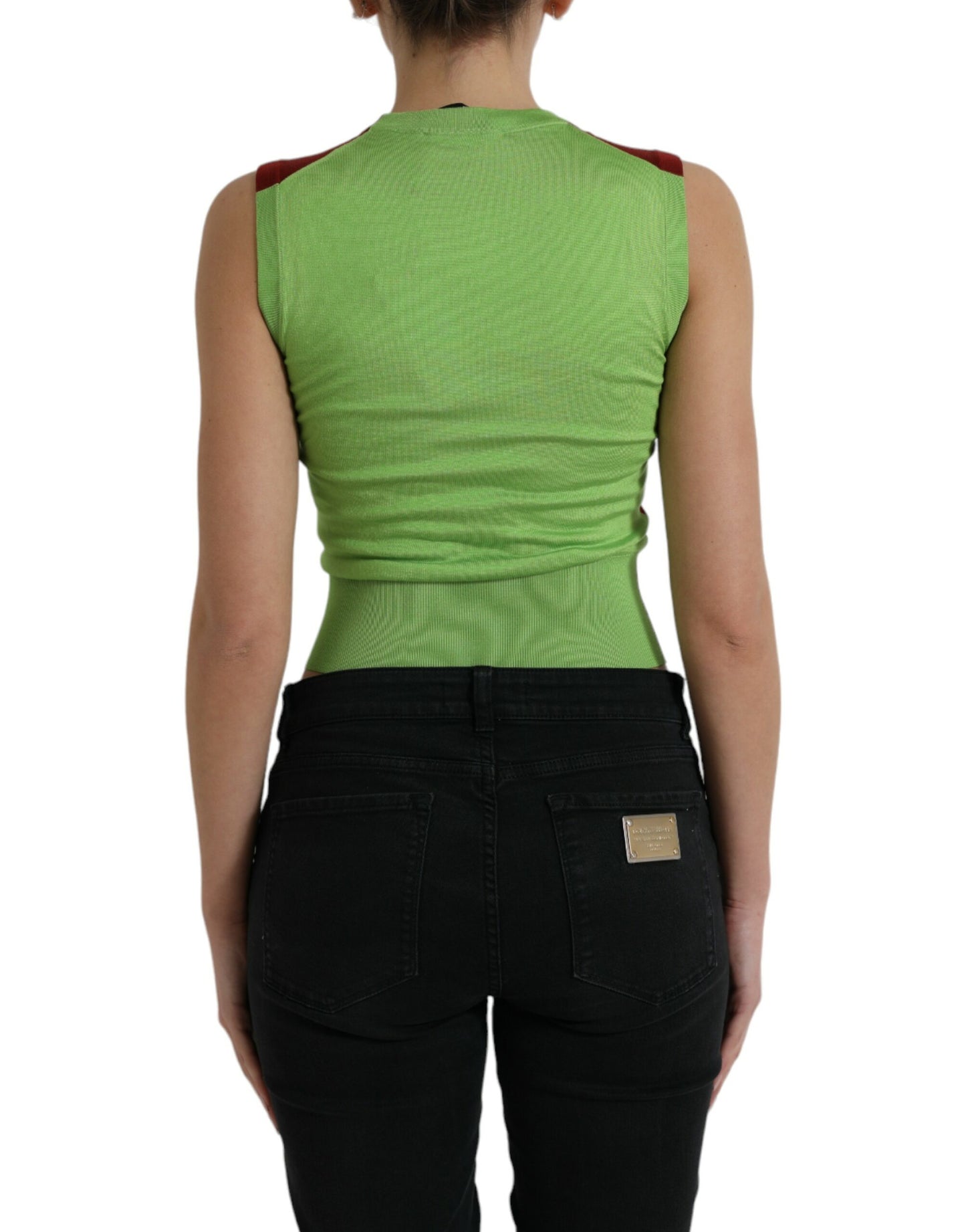 Elegant Silk Crew Neck Tank Top with Logo Patch
