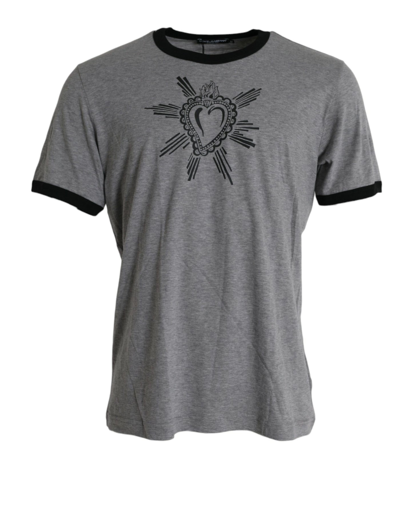 Heart Print Crew Neck Cotton Tee in Gray