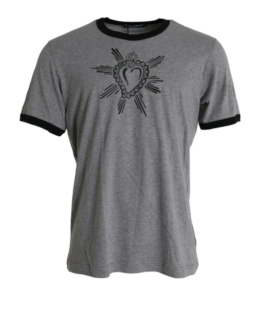Heart Print Crew Neck Cotton Tee in Gray