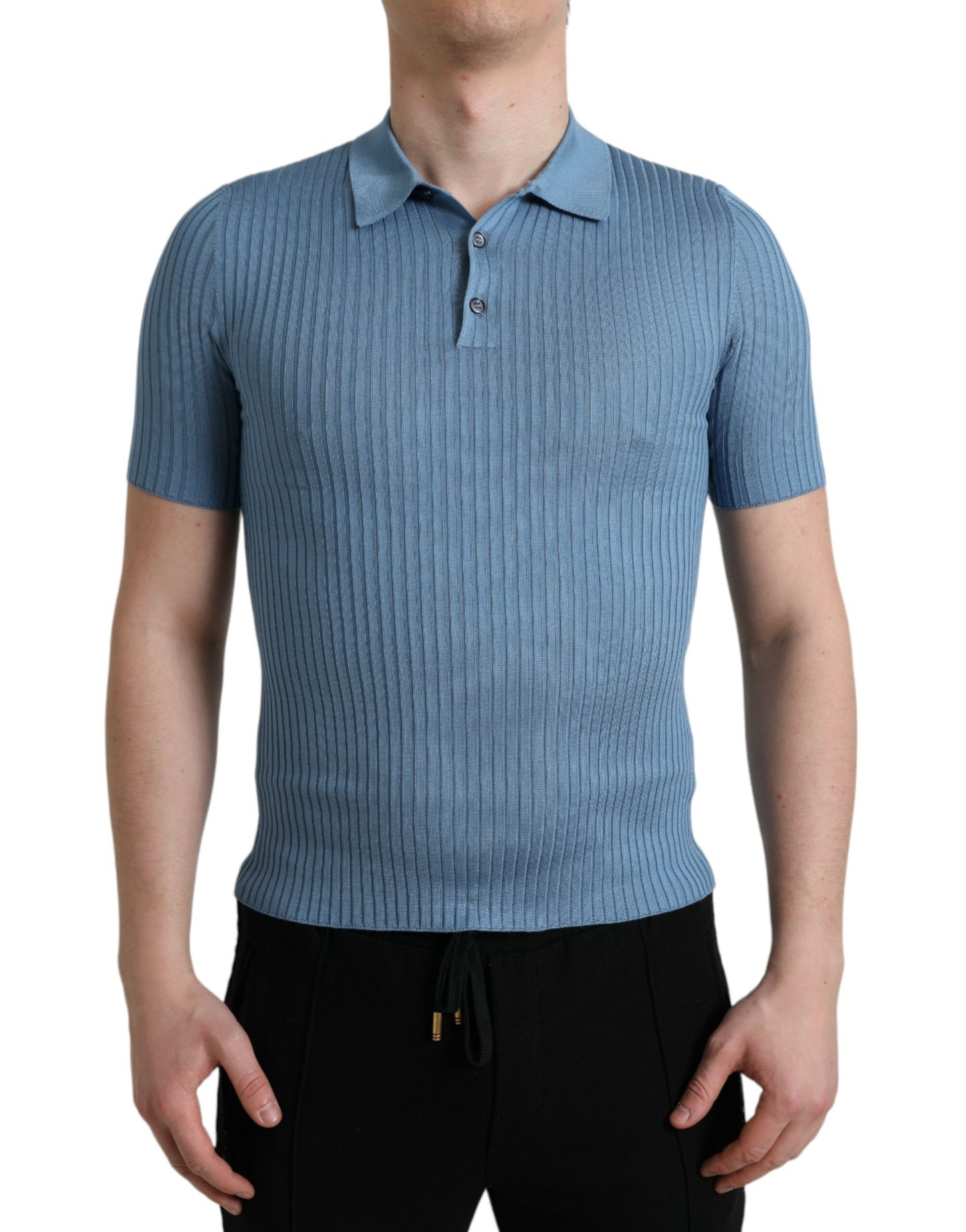 Silk Henley Polo Tee in Sky Blue