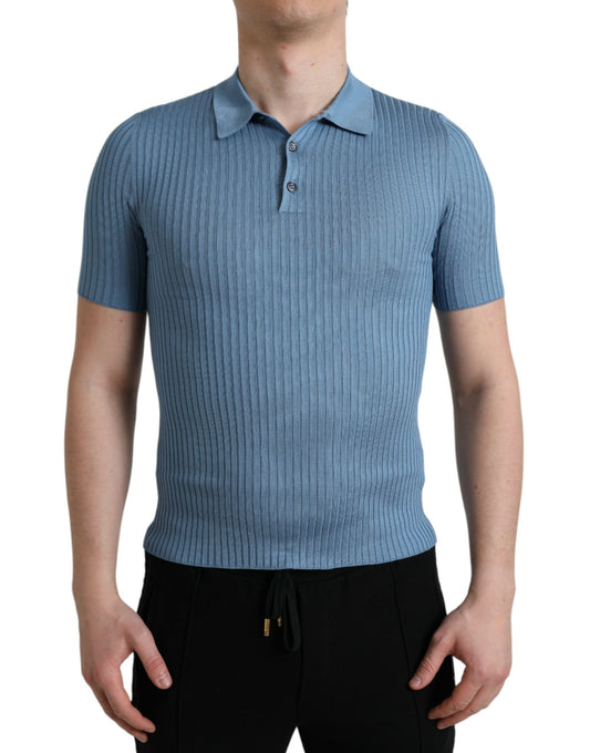 Silk Henley Polo Tee in Sky Blue