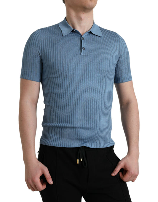 Silk Henley Polo Tee in Sky Blue
