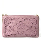 Elegant Pink Leather Pouch Clutch with Floral Embroidery