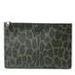 Elegant Green Leopard Print Calf Leather Clutch