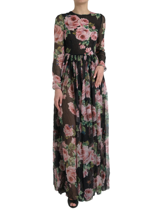 Elegant Black Silk Maxi Dress with Rose Print