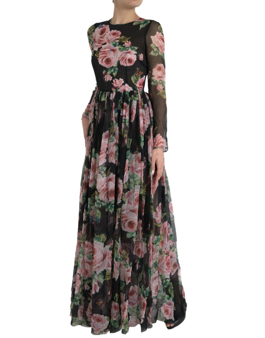 Elegant Black Silk Maxi Dress with Rose Print