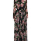 Elegant Black Silk Maxi Dress with Rose Print