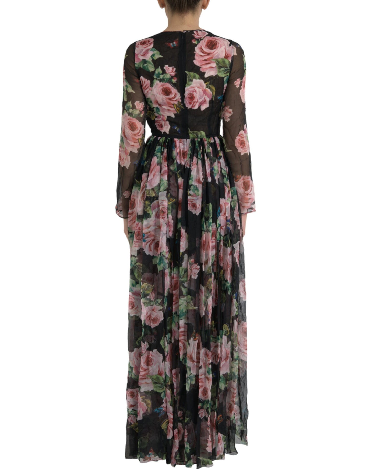 Elegant Black Silk Maxi Dress with Rose Print