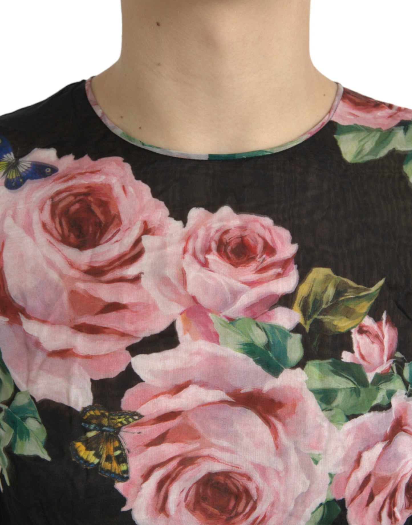 Elegant Black Silk Maxi Dress with Rose Print