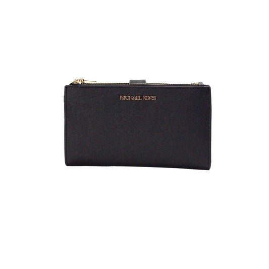 Jet Set Travel Black Leather Large Double Zip Wristlet Wallet