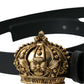 Black Leather Gold Crown Metal Buckle Belt