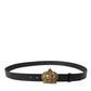 Black Leather Gold Crown Metal Buckle Belt