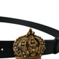 Black Leather Gold Crown Metal Buckle Belt