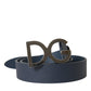 Blue Leather Silver Logo Metal Buckle Belt
