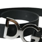 Black Leather Silver Logo Metal Buckle Belt