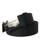 Black Leather Silver Logo Metal Buckle Belt