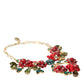 Gold Brass Link Chain Rose Petal Crystal Pendant Necklace