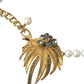 Gold Brass Crystal Pearl Tree Pendant Charm Necklace