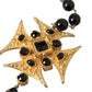 Gold Tone Brass Cross Black Beaded Chain Rosary Necklace