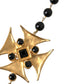 Gold Tone Brass Cross Black Beaded Chain Rosary Necklace