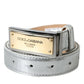 Silver Leather Metal Logo Buckle Belt Men